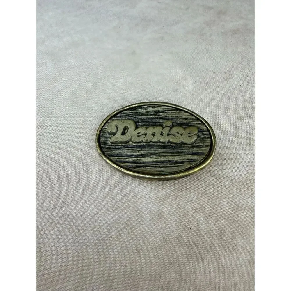 Vintage 1970s Denise Belt Buckle Gold Tone Groovy Lettering Mod MCM